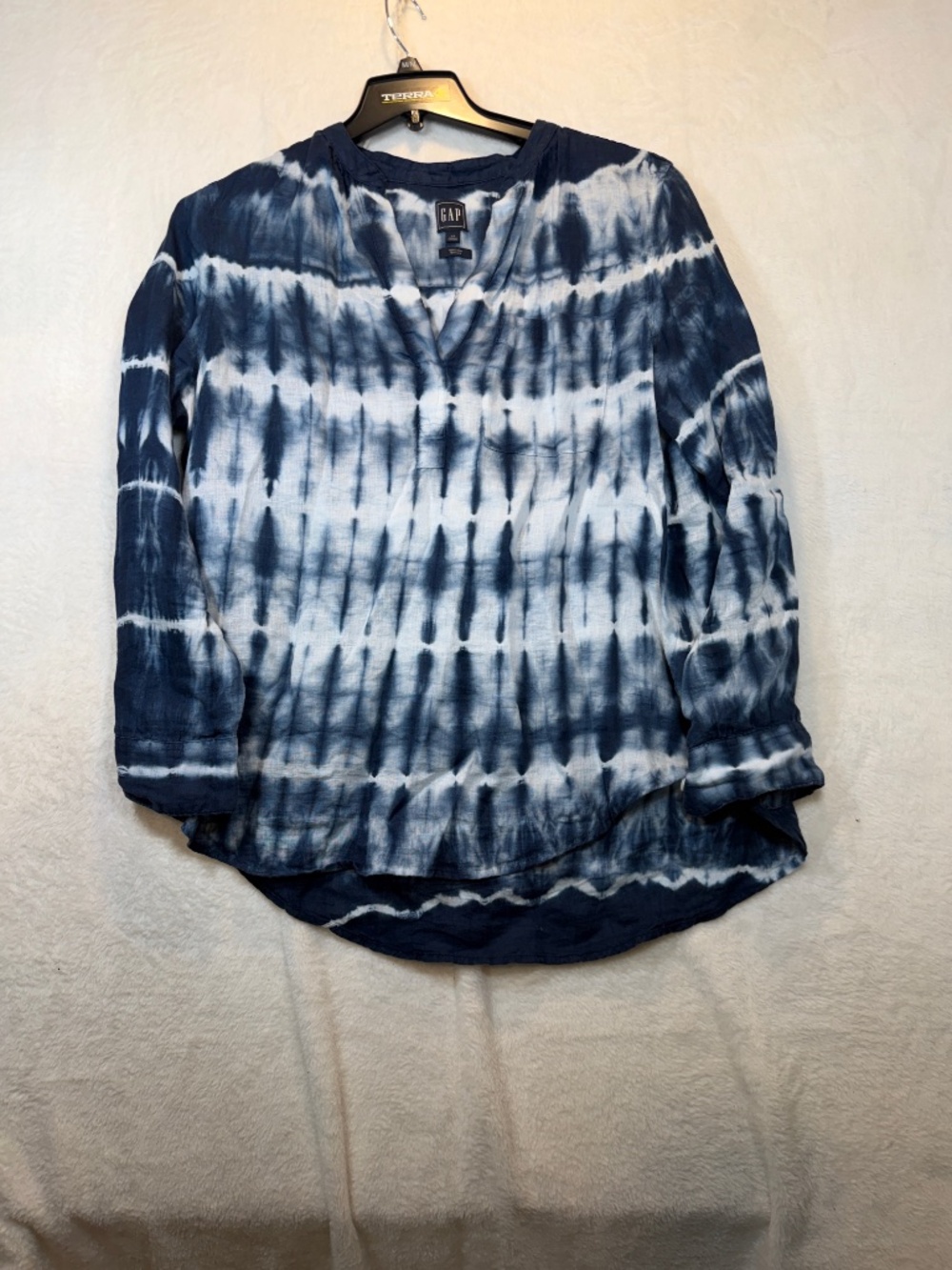GAP Tunic Top Womens Size Large Blue White Linen Tie Dye Coastal Boho Oversized - Picture 2 of 8